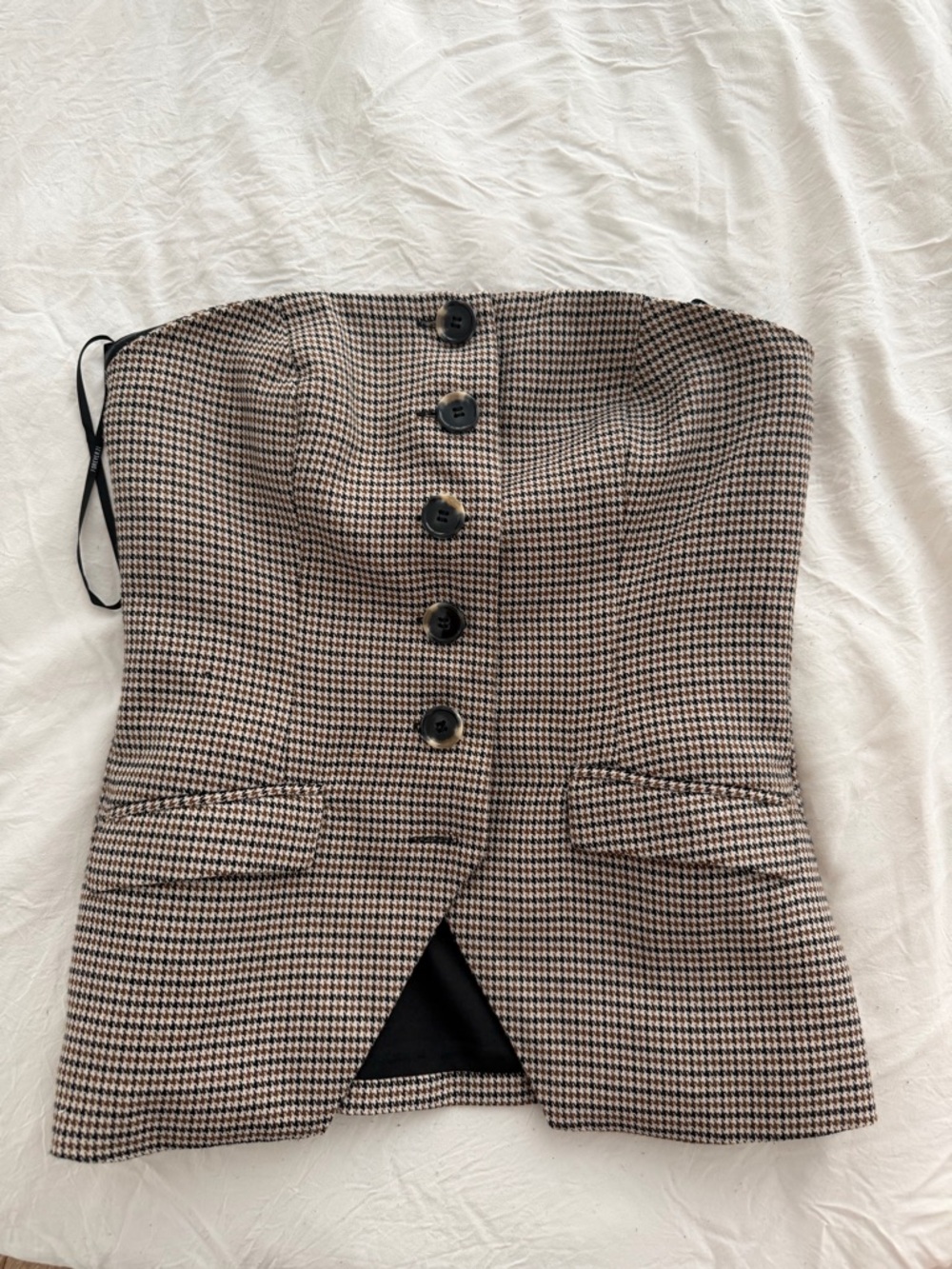 Forever 21 Brown and Black Houndstooth Strapless Button Front Top